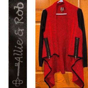 EUC Allie & Rob Large Red and Black Patterned Drape Front Cardigan